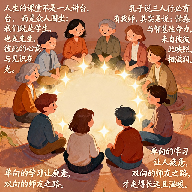 温暖水彩插画风，卡通人物围坐共学，手账式排版融入哲思文字，传递双向成长的温馨感与人文温度。