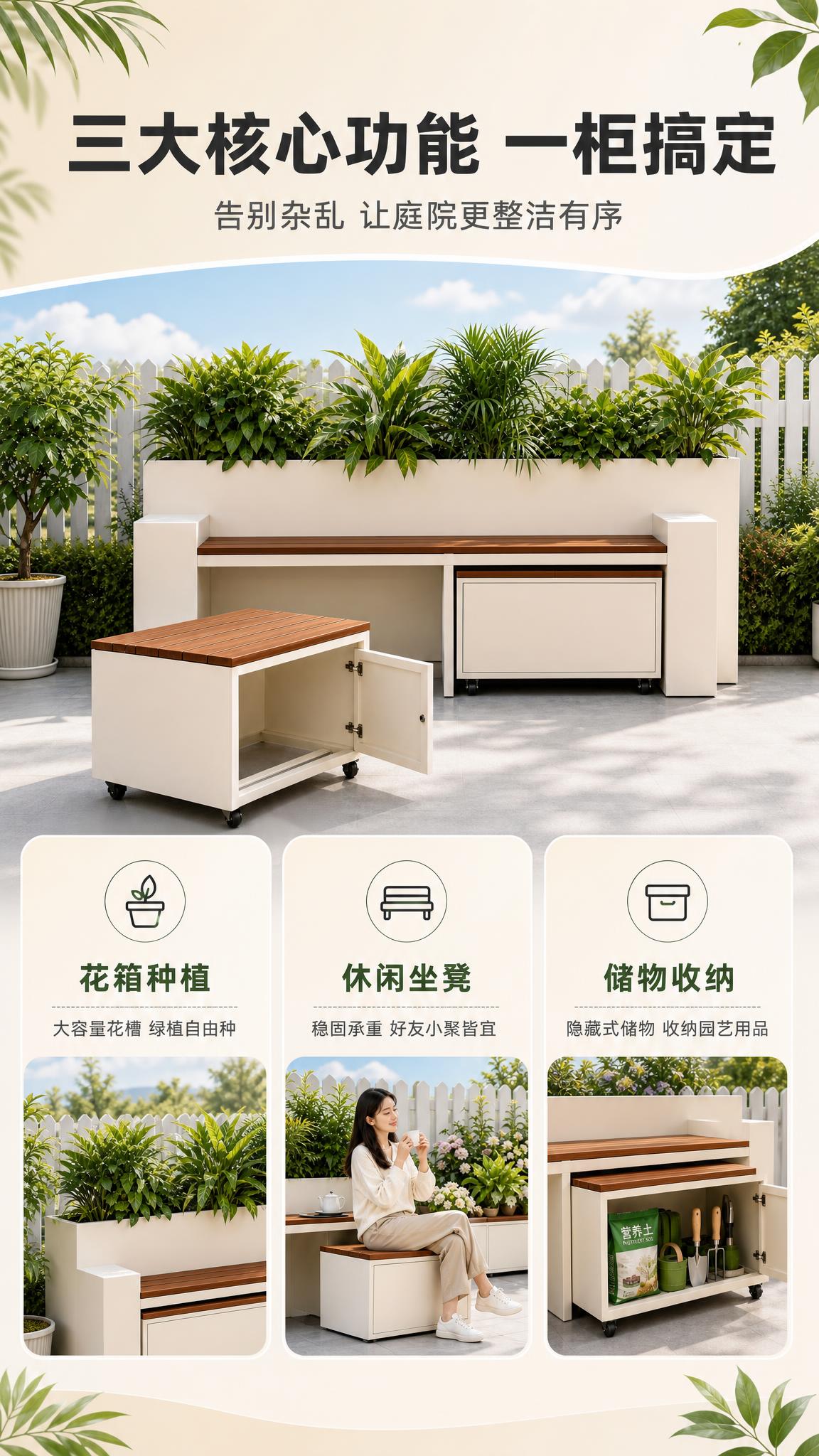 [商品] 使用【图1】户外多功能花箱储物坐凳组合；保留米白色金… - 图片创意预览
