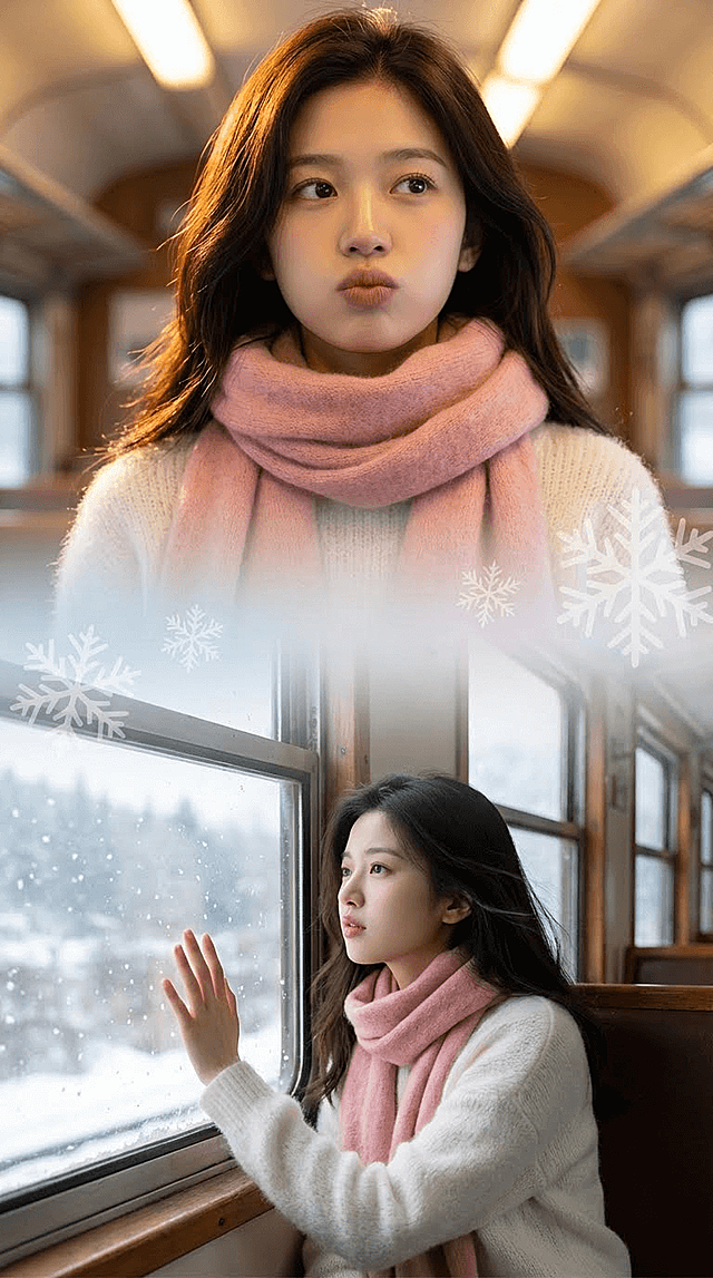 女生穿白色马海毛毛衣，粉色围巾绕颈，老式火车背景。上宫格：大特写镜头，女生脸部特写，车厢暖光从头顶灯处洒下，发丝发光，眼神带点旅途的憧憬，嘴唇微抿。下宫格：中景镜头，女生坐在老式火车窗边，手贴在车窗上看外面雪落，发丝被风（车窗缝）吹起。中间有大片雪花图标元素衔接。
