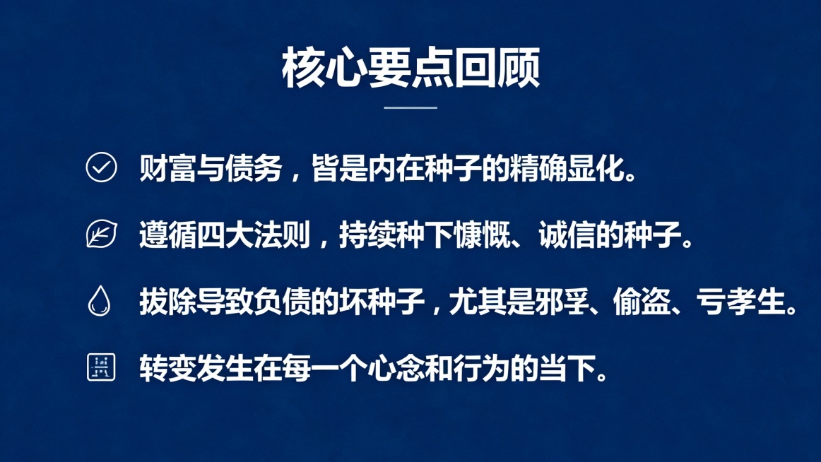 PPT文稿

第1页：封面页

标题：财富与债务真相：种子法则深度解析

副标题：探寻丰盛人生的根本法则

备注：可选用一棵破土而出的幼苗或广阔田野的图片作为背景，象征播种与希望。

第2页：目录/议预览效果