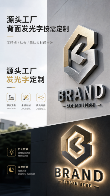 高端商务风1688工业品详情首屏海报，展示金属钛金+不锈钢背发光LOGO字背面发光字夜间实景效果图，白天金属质感细腻，夜晚背光漫射氛围感，墙面光晕柔和高级，简约浅灰商务背景，干净留白，商业广告排版，高预览效果