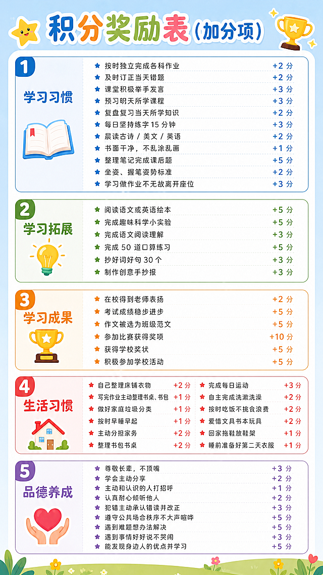 在保持原有排版、图标位置、浅色卡通风格不变的基础上，修正所有错别字，使用正确的文字内容：
标题：积分奖励表（加分项）
1 学习习惯蓝色字体：
按时独立完成各科作业 +2 分
及时订正当天错题 +2 分
课堂积极举手发言 +3 分
预习明天所学课程 +3 分
复盘复习当天所学知识 +2 分
每日坚持练字 15 分钟 +3 分
晨读古诗 / 美文 / 英语 +2 分
书面干净，不乱涂乱画 +1 分
整理笔记完成课后题 +5 分
坐姿、握笔姿势标准 +2 分
学习做作业不无故离开座位 +3 分
2 学习拓展绿色字体：
阅读语文或英语绘本 +5 分
完成趣味科学小实验 +5 分
完成语文阅读理解 +3 分
完成 50 道口算练习 +5 分
抄好词好句 30 个 +3 分
制作创意手抄报 +3 分
3 学习成果橙色字体：
在校得到老师表扬 +2 分
考试成绩稳步进步 +5 分
作文被选为班级范文 +5 分
参加比赛获得奖项 +10 分
获得学校奖状 +5 分
积极参加学校活动 +5 分
4 生活习惯红色字体，左右分栏：
左栏：自己整理床铺衣物 +2 分
写完作业主动整理书桌、书包 +1 分
做好家庭垃圾分类 +1 分
按时早睡早起 +1 分
主动分担家务 +2 分
整理书包书桌 +2 分
右栏：完成每日运动 +3 分
自主完成洗漱洗澡 +2 分
按时吃饭不挑食浪费 +2 分
爱惜文具书本玩具 +2 分
回家拖鞋放鞋架 +1 分
睡前准备好第二天衣服 +1 分
5 品德养成紫色字体：
尊敬长辈，不顶嘴 +3 分
学会主动分享 +2 分
主动和认识的人打招呼 +1 分
认真耐心倾听他人 +2 分
犯错主动承认错误并改正 +3 分
遵守公共场合秩序不大声喧哗 +5 分
遇到难题想办法解决 +5 分
遇到事情好好说不哭闹 +3 分
能发现身边人的优点并学习 +5 分
修正所有错别字，确保每个文字都正确，保留所有图标位置和排版结构不变