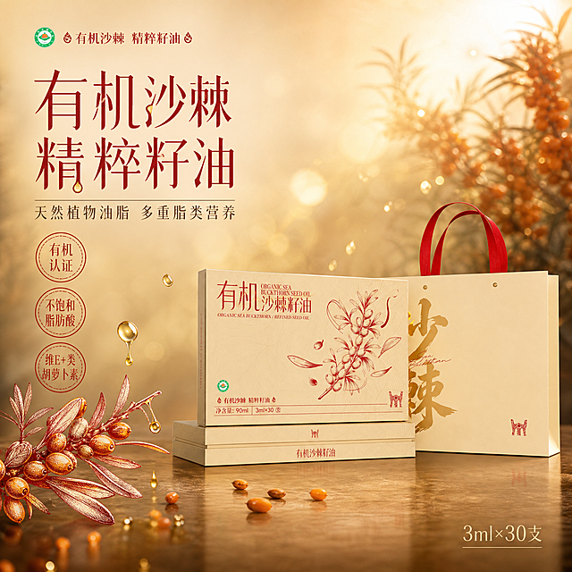 [单张主图] 有机沙棘籽油电商主图，高级氛围感·原生成分型+中轴诗意氛围型结合，主打天然有机高端滋补品质感，同时兼顾点击率与营养信任。
[画面主体] 产品礼盒+礼袋组合置于画面中下偏右位置，礼盒正面45°朝向观众，礼袋立于礼盒右后方，整体占画面约50%-55%；产品包装外观、米金色底色、朱红色线描沙棘枝插画、「有机沙棘籽油」书法字体、有机认证标、「3ml×30支」字样均与输入产品图【图2】完全一致，不得变形、变色、缺件。
[构图版式] 左文右物场景型·原生成分变体。左侧约40%为文字信息区（自然留白），右侧约60%为产品+原料场景区；产品不被文字遮挡，文字放在左侧负空间。
[场景元素] 背景为暖金渐变+虚化的沙棘林/阳光光斑，营造自然产地高端氛围；前景从左下伸入一枝沙棘果枝（朱红色线描风格与包装插画呼应，同时带真实质感的沙棘籽/金色油滴），金色油滴悬浮滴落，增强籽油的珍贵感；画面中散落几粒沙棘籽和细小金色光粒子，增加精致质感；底部有柔和的深金色/古铜色台面承托，产品有自然投影和微弱反光。
[文案版式] 左上主标题：「有机沙棘 精粹籽油」，两行排列，高端宋体/书法体结合，朱红色字，字号最大；主标题下方一行副文案：「天然植物油脂 多重脂类营养」，细宋体，深棕色字，字号约为主标题的1/3；副文案下方3个圆形印章式卖点标签纵向排列，朱红边框朱红字：「有机认证」「不饱和脂肪酸」「维E+类胡萝卜素」；左上角安全区放品牌Logo（与产品包装一致）；右下角小字标注「3ml×30支」；所有文字不遮挡产品主体。
[光影质感] 自然暖阳逆光从右上方斜射，礼盒表面金色烫金有金属光泽，米金包装有细腻纸质感，整体温暖通透有高级滋补感；产品底部有柔和自然的投影和台面反光，不生硬；背景虚化，前景沙棘枝和产品清晰，景深自然。
[配色字体] 主色：米金（#F5E6C8）+朱红（#C62828）；辅助色：深棕文字、金色油滴、古铜色台面、沙棘橙点缀；字体：高端宋体/书法体（主标题）+ 细宋体（辅助文案），字重对比克制，国潮质感。
[比例分辨率] 1:1正方形比例，2K分辨率，文字清晰可辨，高清画质。
[负向提示词] 包装变形，颜色偏差，Logo错误，文字错乱，水印，平台Logo，产品模糊，背景杂乱，医疗功效词，绝对化用语，手指畸形，人物面部。