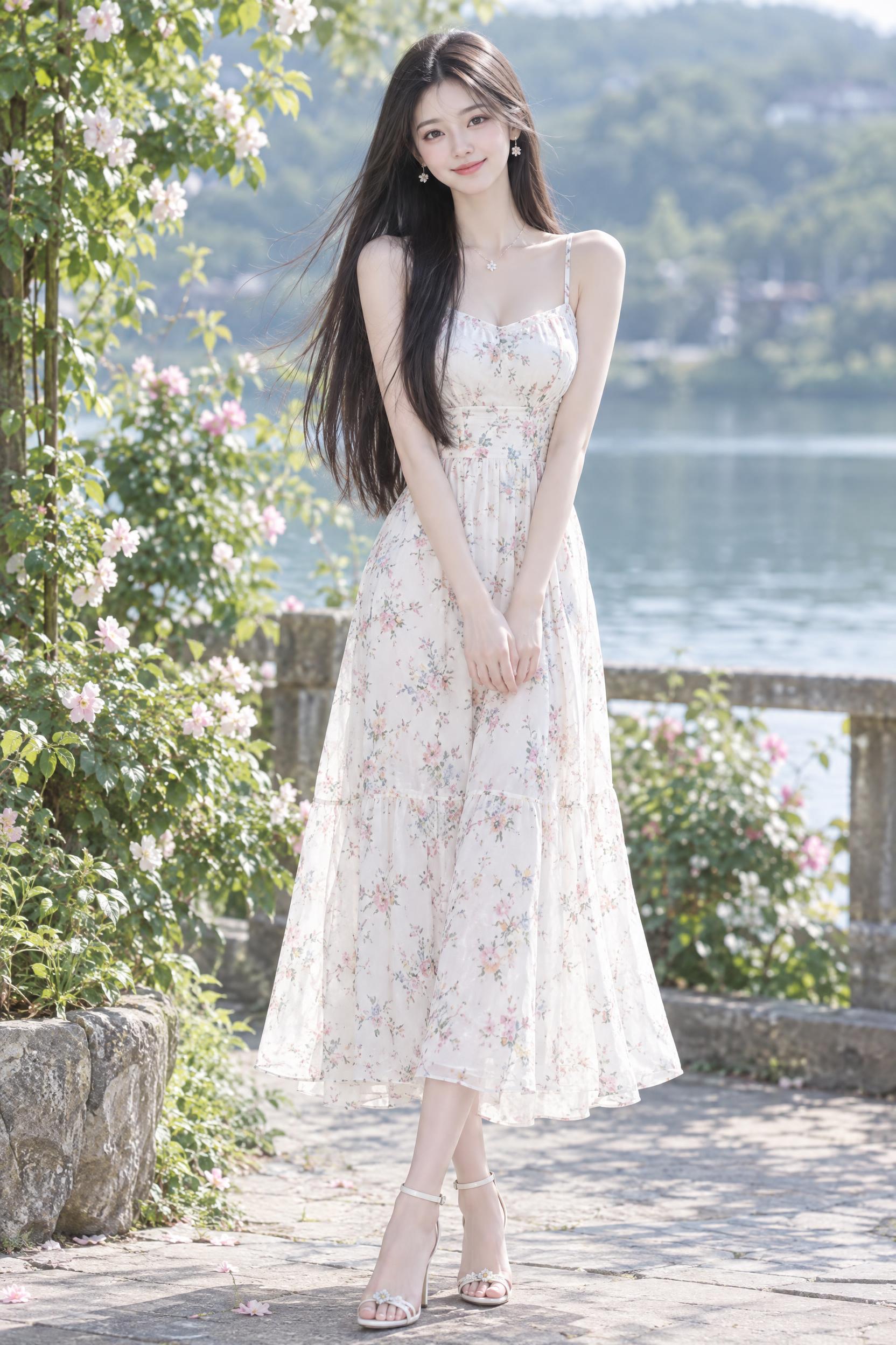 一位身材苗条的年轻女性，留着飘逸的长直发，身穿白色碎花连衣裙，… - 图片创意预览