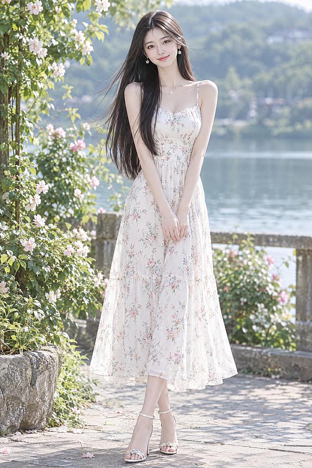 一位身材苗条的年轻女性，留着飘逸的长直发，身穿白色碎花连衣裙，脚穿精致的高跟鞋，优雅地站立着，气质温婉动人，全身照，自然光线下，画面柔和唯美，高清细腻