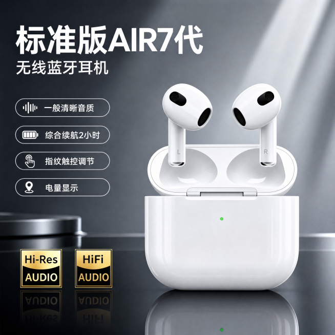 [主图-1] 标准版AIR7代无线蓝牙耳机首图。
[氛围风格] 现代简约科技质感，数码电商风格，不使用参考图的橙色调；
[画质] 商业摄影质感、光线柔和通透、产品清晰真实、画面干净高级，4k分辨率；预览效果
