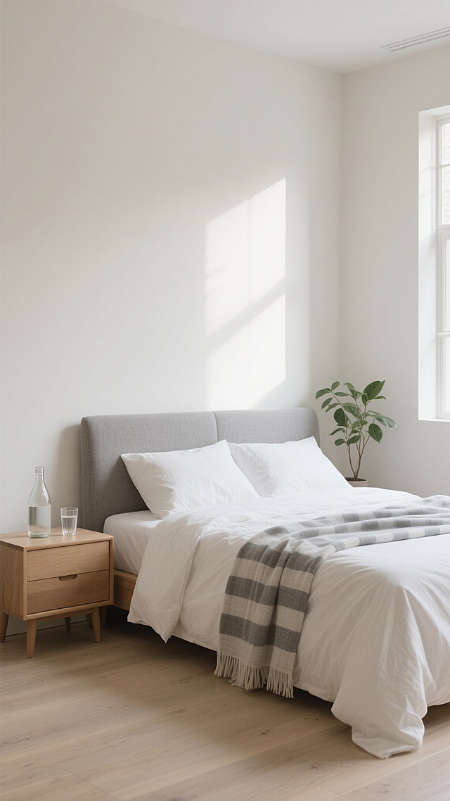 极简主义风格卧室，不同角度和设置的背景，以米白色和浅灰色为主色调，温暖柔和的自然光从侧面窗户斜射进来，在墙面投下柔和的光影，浅色木地板，白色亚麻质地的床品，灰色条纹毯子随意搭在床尾，灰色布艺床头板，木质床头柜上放着透明玻璃水瓶和玻璃杯，旁边有一盆绿色植物，整体营造出宁静、舒适、简洁的氛围，高清晰度，写实摄影质感，柔和的色调，干净的构图，留白设计。