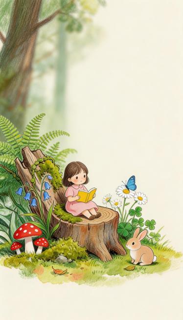 参考参考图中的手绘水彩+彩铅方式，绘制治愈温暖的插画，内容是森林里的治愈小场景，有可爱的小人物和自然植物，风格温暖清新，色彩柔和，带有细腻的手绘线条质感预览效果