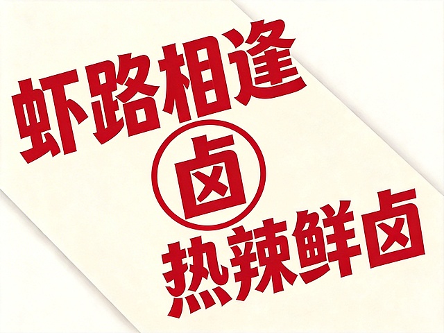 在原有文字设计基础上，将"卤"字用红色圆圈圈住突出显示，保持原有"虾路相逢 热辣鲜卤"的字体设计、排版和整体风格不变，背景保持米白色干净底色。文字完整可识别，突出"卤"字。