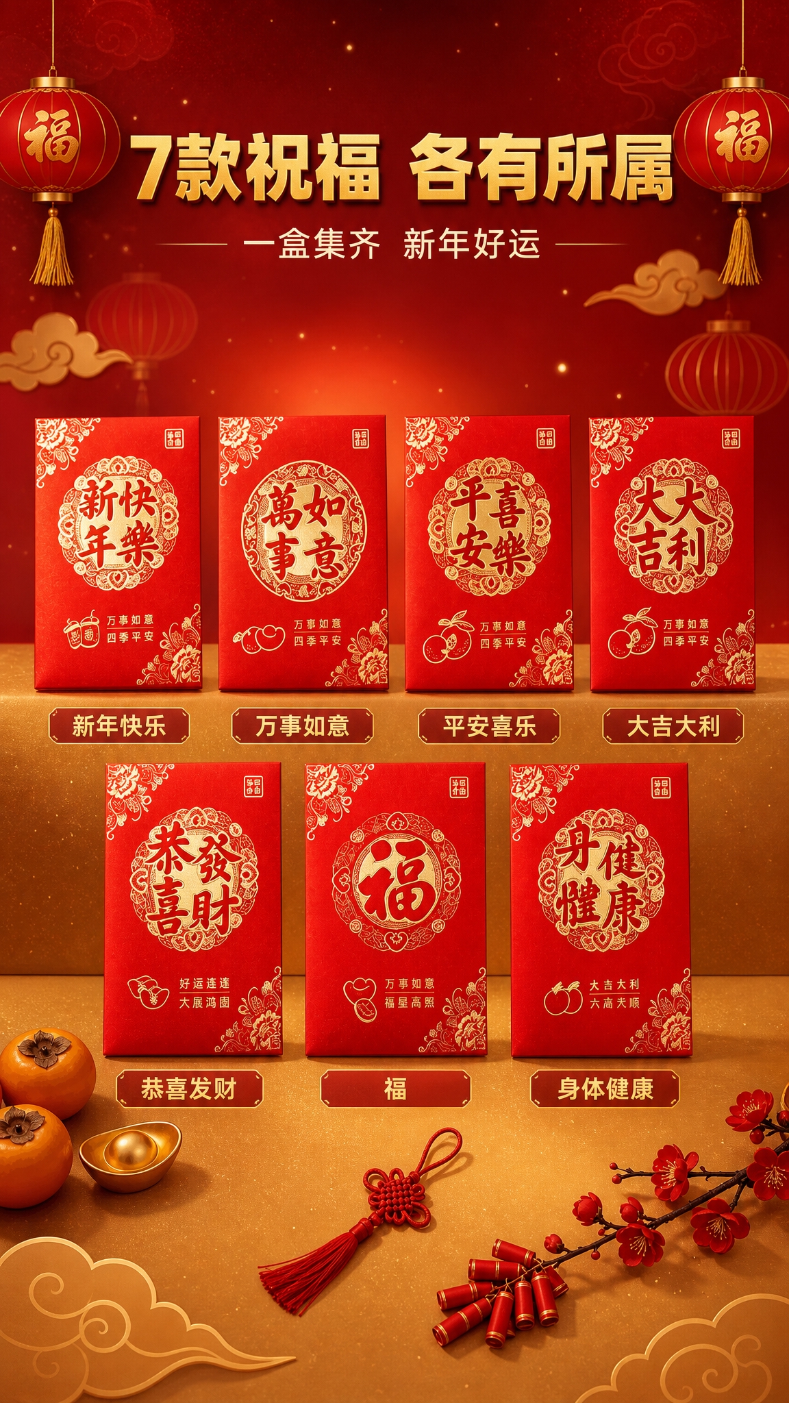 [商品] 使用【图1】新春七福烫金红包套装实拍：七款红包分别展… - 图片创意预览