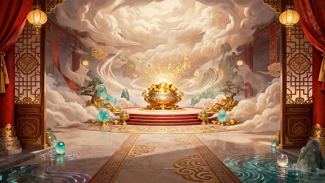 去掉画面中心的门框牌楼，增加体积云效果，强调整体仙境氛围感，保留原有的聚宝核心、柔和暖红雾金配色，保持空间层次感和功能摆放区域，整体依然是高级新中式游戏大厅背景，无文字无UI