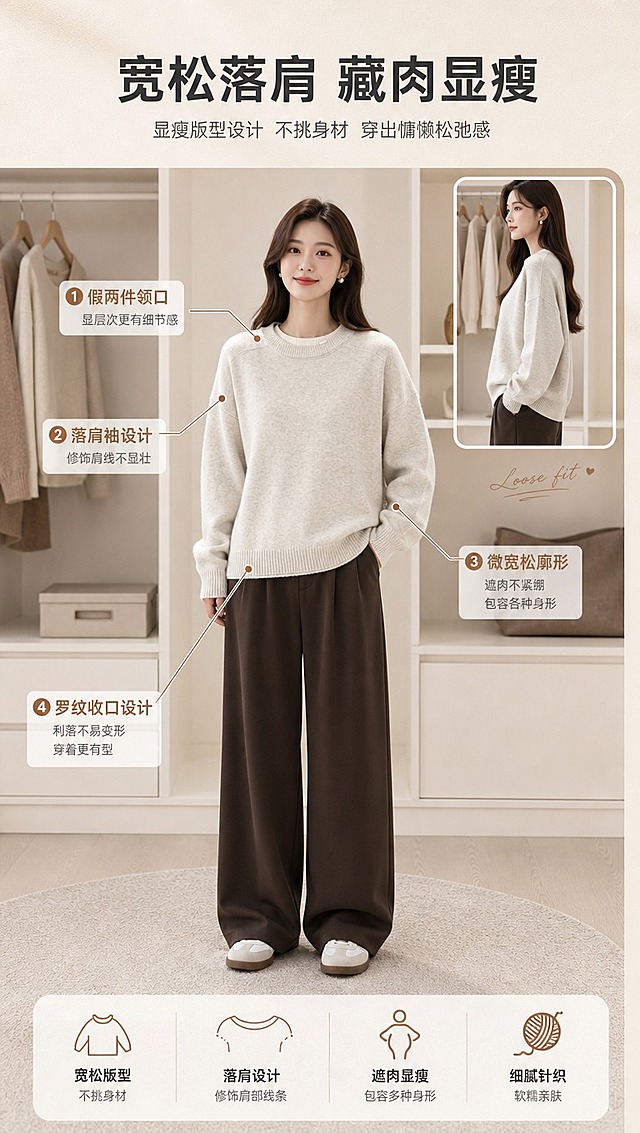 [商品] 使用【图1】燕麦米白色假两件圆领针织毛衣；商品处理：保留圆领、假两件双层领口、落肩袖、罗纹下摆与袖口、整体宽松版型、燕麦米白颜色和针织面料；自然去除衣身杂乱褶皱，理顺垂坠，增强针织纹理、缝线和罗纹收口质感，不改变版型、颜色和结构。
[画面] 目标为版型解析页，展示落肩宽松廓形与上身显瘦效果；竖版构图，亚洲女模特穿着毛衣，做正面全身+侧面半身拼版展示，主图为正面全身照展示整体比例，右上角叠加侧面小图展示肩线与厚度；模特站在简约衣帽间，背景为浅米色衣柜，毛衣占画面约60%；用细线引线标注关键版型部位。
[视觉] 套系策略：风格=韩系轻熟通勤高级商业摄影；标题字=现代简约无衬线粗体；正文字=纤细无衬线体；主色=燕麦米白；背景延展=基于燕麦米白做深浅层级、同色渐变和细腻织物/哑光纸张质感；强调色=焦糖棕，仅用于小面积图标、引线和标签；标题色=深炭灰；正文色=中暖灰；组件=圆角浅底信息卡、细线引线、手写英文小标签；光影=左前侧暖柔自然光，柔和阴影。
[文字] 顶部主标题「宽松落肩 藏肉显瘦」，引线标注4处版型卖点：假两件领口显层次 / 落肩袖修饰肩线 / 微宽松廓形遮肉 / 罗纹收口利落不垮；文字不遮挡模特和毛衣主体。
[规格] 图片比例9:16竖版，4K分辨率，淘宝/天猫详情页风格，中文文案；避免变形、错字、文字过小、冷蓝背景、毛衣颜色改变、版型失真、极限词。