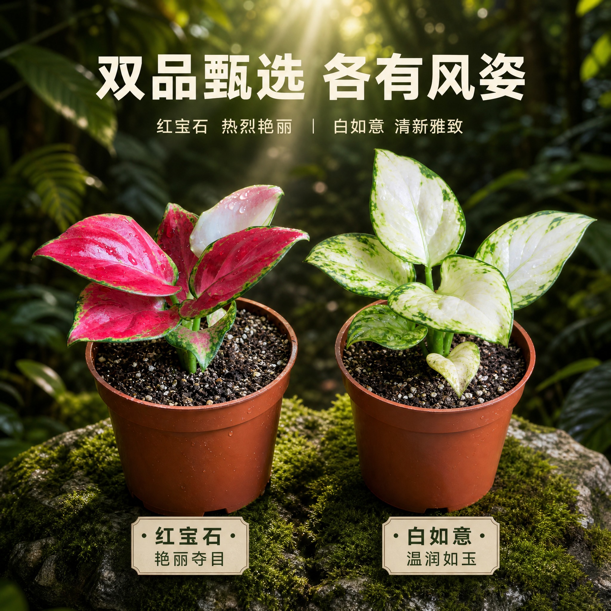 [主图-6] 双品对比展示图，主题：红宝石与白如意粗肋草并排对… - 图片创意预览
