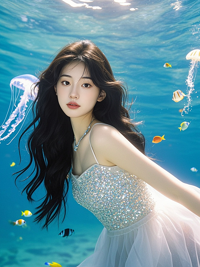 写实摄影，大片，水下拍摄，一个女生直视镜头，皮肤瓷白，飘逸长发，白色纱裙，裙子发光，环境为清澈的海水，可爱的小水母和鱼，艺术感