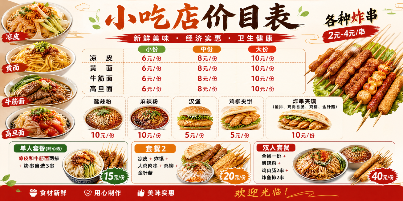 横向的小吃店价目表海报，高清精美风格，尺寸为160cm*80cm。内容包含价格信息：
凉皮 小份6元/份 中份8元/份 大份10元/份
黄面 小份6元/份 中份8元/份 大份10元/份
牛筋面 小份6预览效果