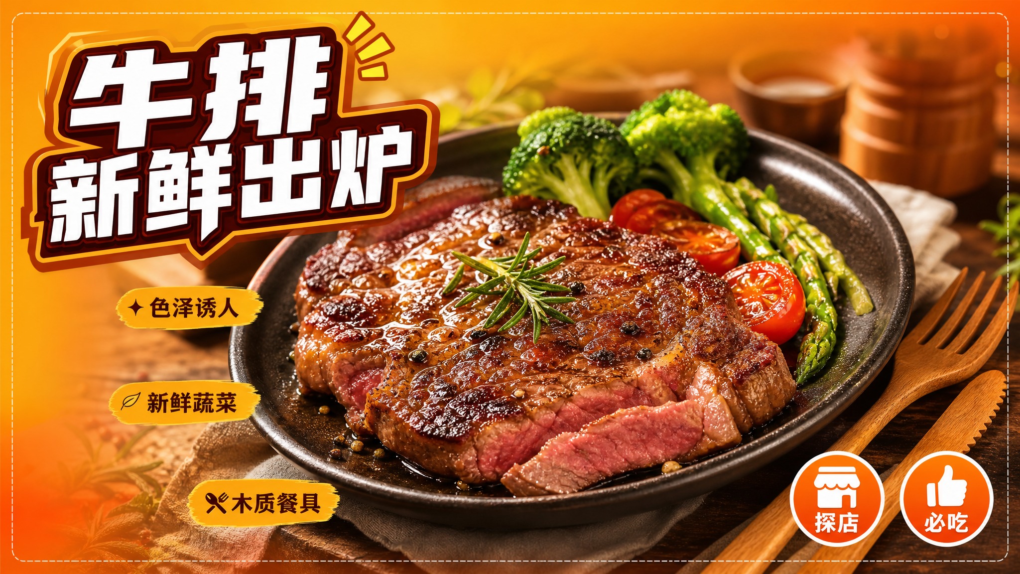 活力美食风格海报，暖橙色渐变背景，高饱和度色彩，写实商业摄影质… - 图片创意预览