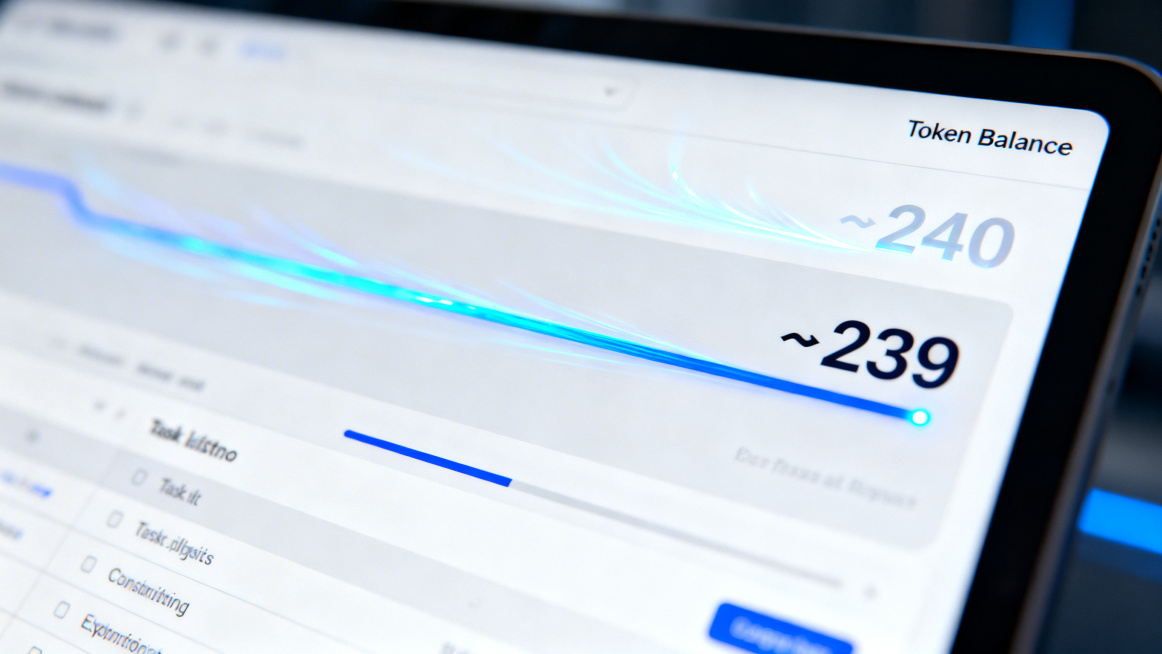 Close-up of a futuristic computer screen UI showing a clearly labeled "Token Balance" indicator, the预览效果