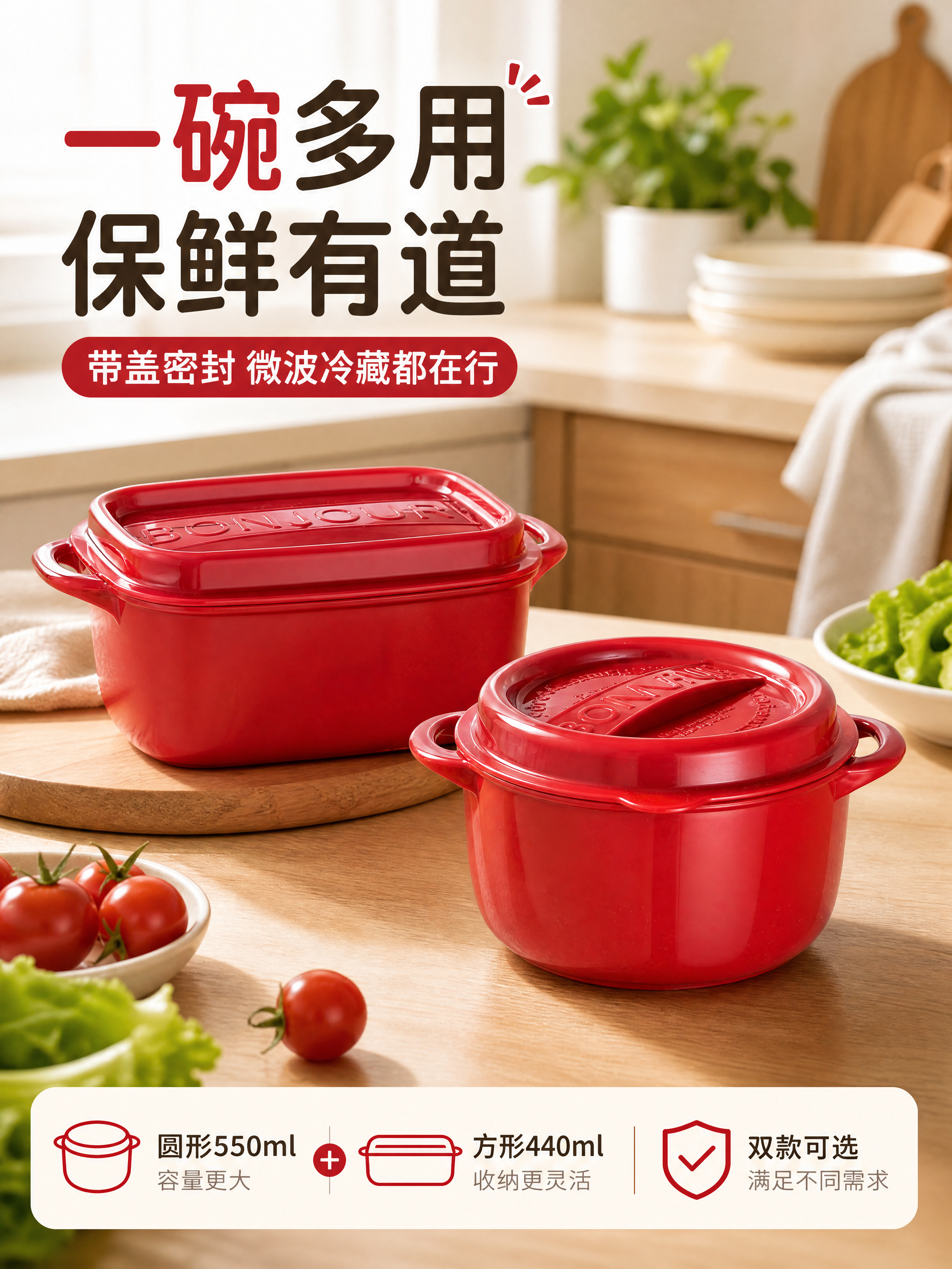 [第1张] 详情页头图-红色带盖双耳保鲜碗两款组合主视觉海报。… - 图片创意预览