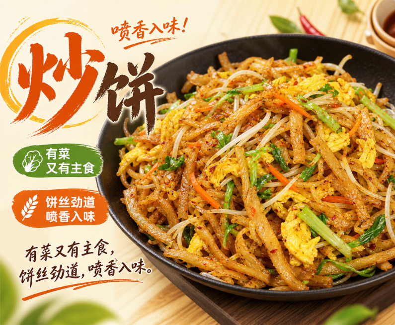 调整面饼纹理随机变化，略微调整食物整体角度，整体风格接近原图但不是同一张图；保留原有卖点文字内容“炒饼
有菜又有主食,饼丝劲道,喷香入味.”，重新排版文字和原有排版不同；修改背景，与原图背景有较大差异预览效果