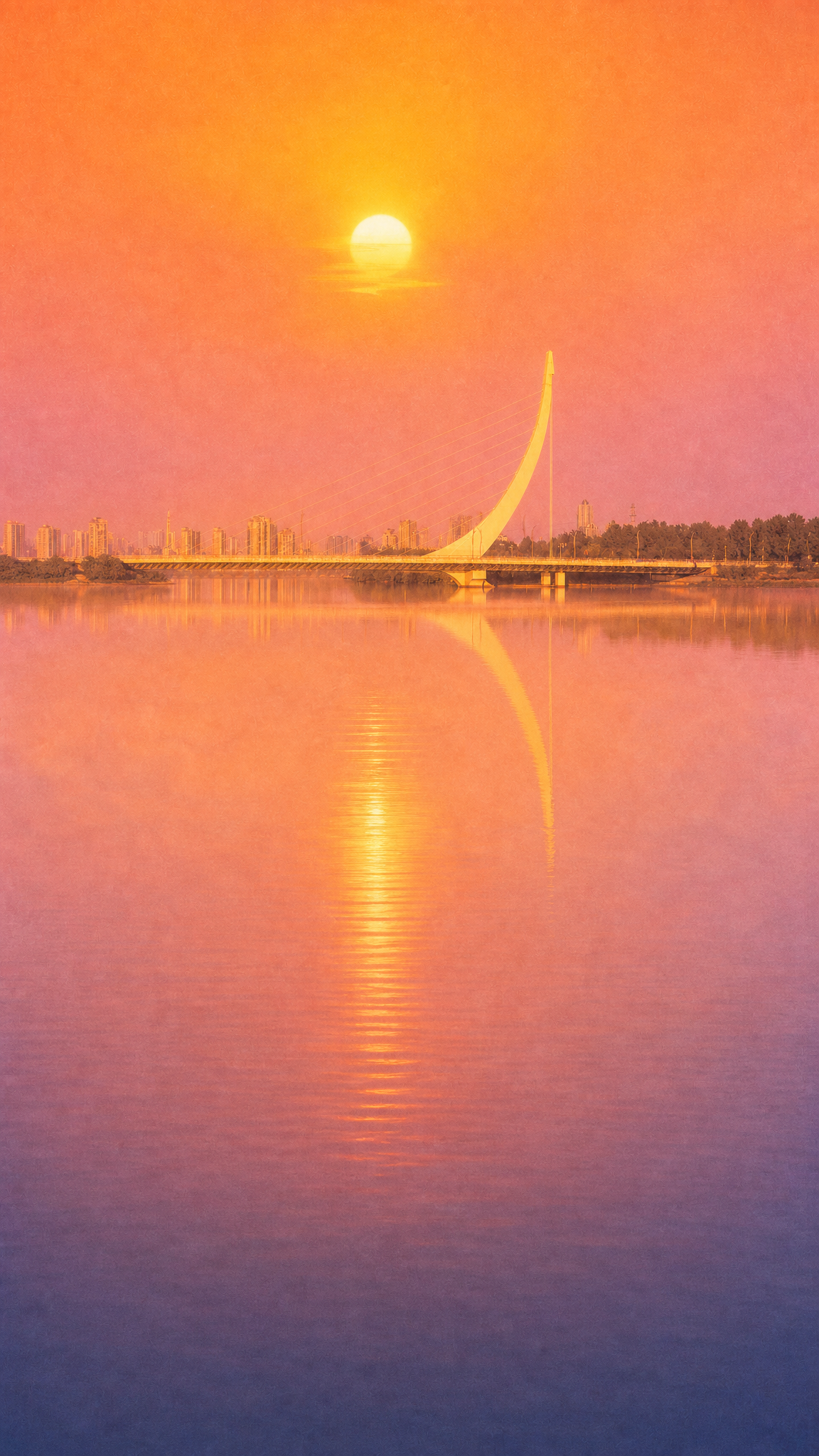 暖橙夕阳色调的竖版湖景图。整体构图上移并缩小主体：顶部是暖橙色… - 图片创意预览