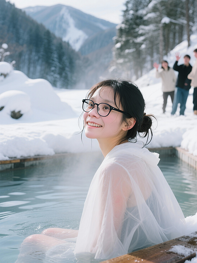 雪景温泉中的温柔一瞬，东亚风与水彩质感交融，胶片色调渲染静谧清新，人物笑意盈盈，尽显文艺与舒适之美。