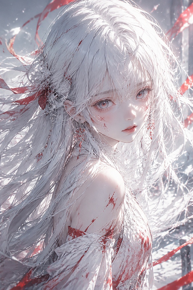 一个懵懂无知的白发少女，颜值很高，一头雪白的发丝沾染了红色，身上也是，导致看起来有些凌乱