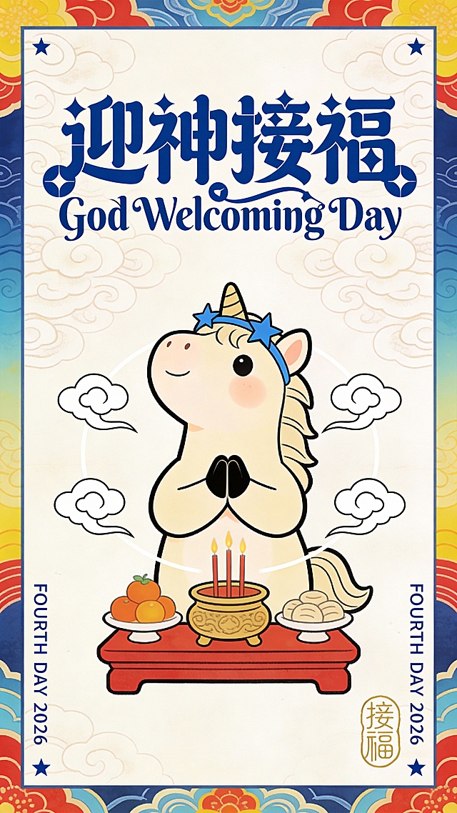国潮插画风，拟人化独角兽虔诚拜神，融合传统祭品与卡通元素，喜庆可爱，印刷质感突出，传递2026年迎神接福节日氛围。