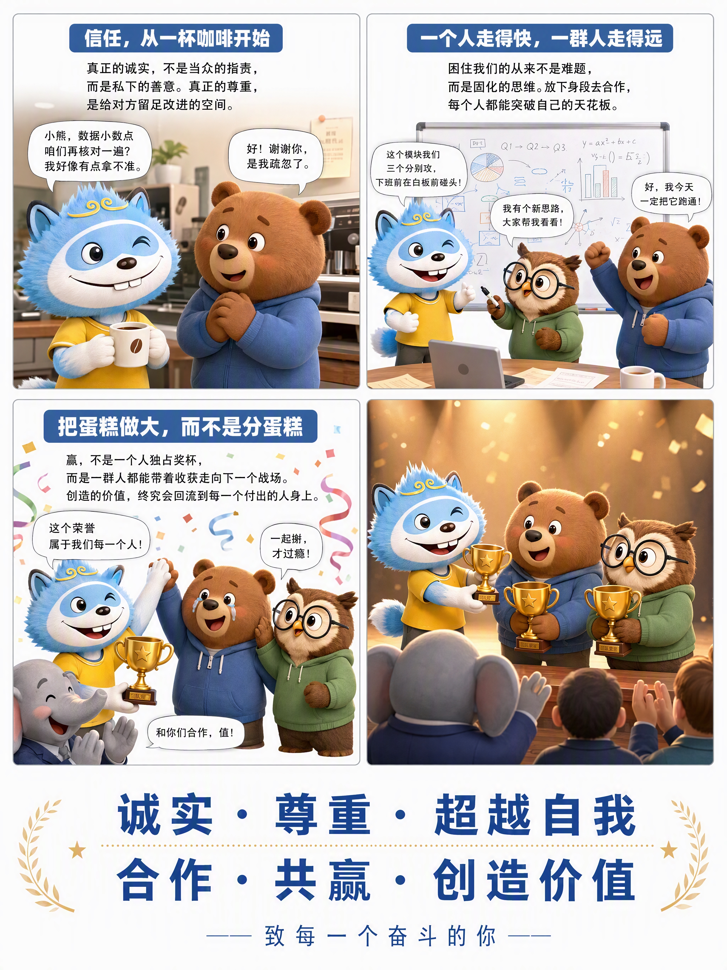 四格漫画排版，扁平插画风格，皮克斯动画质感，主角是穿黄色衬衫的… - 图片创意预览