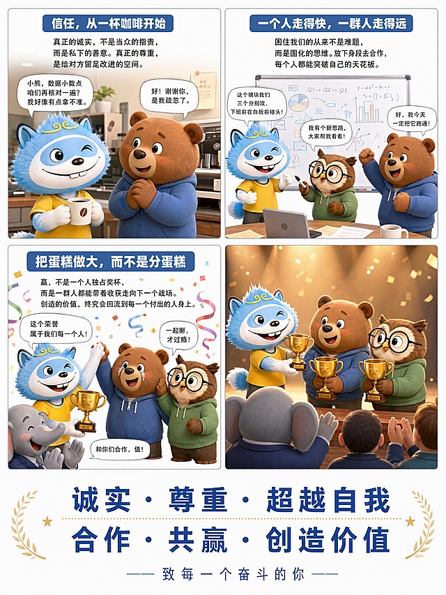 四格漫画排版，扁平插画风格，皮克斯动画质感，主角是穿黄色衬衫的蓝色小狐狸（参考图形象，头顶有金色祥云纹饰，蓝色毛发，白色面部，两颗大门牙），白色背景分割，画面干净，色彩统一，高清，细节丰富。

第一格（左上）：标题《信任，从一杯咖啡开始》。小狐狸和小熊在茶水间微笑交谈，小狐狸端着咖啡杯，小熊面带感动。画外音文字："真正的诚实，不是当众的指责，而是私下的善意。真正的尊重，是给对方留足改进的空间。" 对白气泡：小狐狸说"小熊，数据小数点咱们再核对一遍？我好像有点拿不准。" 小熊（感动）说"好！谢谢你，是我疏忽了。"

第二格（右上）：标题《一个人走得快，一群人走得远》。小狐狸、小熊和戴眼镜的猫头鹰在会议室热烈讨论白板，三人围在白板前，白板上写满图表和公式。画外音文字："困住我们的从来不是难题，而是固化的思维。放下身段去合作，每个人都能突破自己的天花板。" 对白气泡：小狐狸说"这个模块我们三个分别攻，下班前在白板前碰头！" 猫头鹰说"我有个新思路，大家帮我看看！" 小熊（握拳）说"好，我今天一定把它跑通！"

第三格（左下）：标题《把蛋糕做大，而不是分蛋糕》。小狐狸、小熊、猫头鹰三人高举双手击掌庆祝，脸上洋溢着胜利的喜悦，周围有庆祝的彩带。画外音文字："赢，不是一个人独占奖杯，而是一群人都能带着收获走向下一个战场。创造的价值，终究会回流到每一个付出的人身上。" 对白气泡：小狐狸（递出奖杯）说"这个荣誉属于我们每一个人！" 台下大象客户鼓掌说"和你们合作，值！" 小熊&猫头鹰（含泪）说"一起拼，才过瘾！"

第四格（右下）：小狐狸站在舞台上给团队成员颁发奖杯，聚光灯照耀，大象客户在台下鼓掌微笑，场面温馨隆重。

底部统一标语区：
诚实·尊重·超越自我
合作·共赢·创造价值
—— 致每一个奋斗的你

整体风格：皮克斯3D卡通质感，扁平插画，色彩明亮温暖，角色形象可爱生动，四格用细线分隔，白色背景，构图均衡，专业商业插画水准。