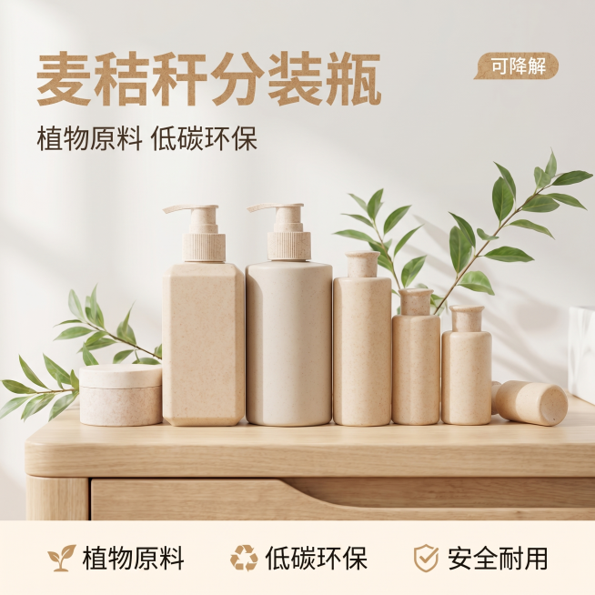 [主图 1] 麦秸秆洗护分装瓶场景氛围感首图。[氛围风格] 天然环保可降解氛围感，不刺眼，高级耐看。[画质] 商业摄影质感，光线柔和通透，产品清晰真实，画面干净高级。[元素] 一整套麦秸秆洗护分装瓶居预览效果