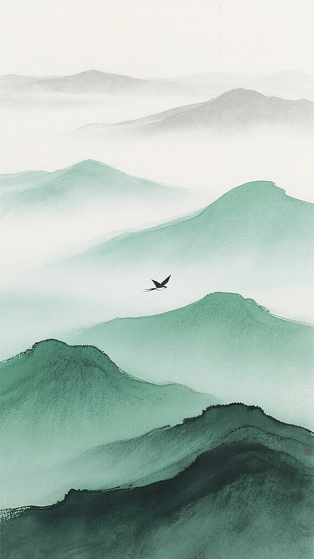 中国风水墨风格山水画，以不同明度和饱和度的绿色系渐变色调为主，从画面底部的深墨绿渐变为中部的翠绿再过渡到上部的淡青绿，营造出层次分明的山峦景观。远处的山峰轮廓朦胧，被淡淡的灰白色云雾笼罩，中部山峦线条柔和，近处山体则呈现出细腻的宣纸纹理质感，取代原图的粗粝肌理。一只孤鸟展翅翱翔于灰蒙蒙的天空与山峦之间，整体构图采用纵向延伸的全景式布局，留白恰到好处，传达出宁静悠远、空灵淡泊的东方意境，画面氛围静谧而深邃，兼具水墨画的写意韵味与现代装饰画的简洁美感。
