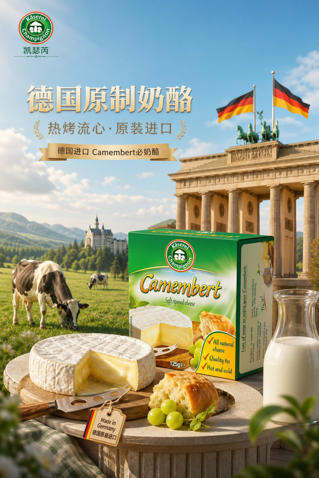 电商详情页首屏海报，凯瑟芮金文必奶酪产品放置在德国标志性地标建… - 图片创意预览