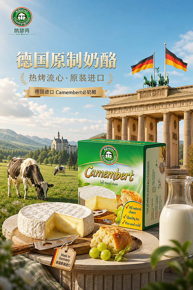 电商详情页首屏海报，凯瑟芮金文必奶酪产品放置在德国标志性地标建筑上，旁边有一块布里奶酪作为装饰，添加牛奶和德国元素，背景是一片C4D OC渲染风格大草原，草原上有1-2只奶牛正在悠闲的吃草，突出原制奶酪、热烤流心、德国进口卖点，画面精致高级，商业摄影质感，2K超清