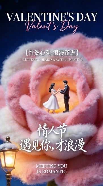 将小字“【怦然心动·浪漫邂逅】”及对应英文“FLUTTERING HEARTS A FATEFUL MEETING”移动到玫瑰上方位置预览效果