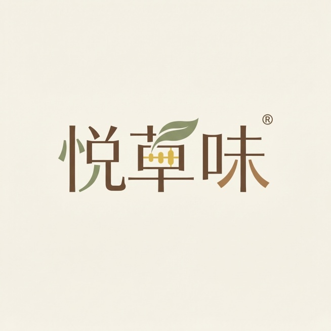 汉字标Logo设计，养生茶品牌“悦草味”，采用极简主义与几何构建原则。将三字做图形化处理，保持黑体结构基础，笔画做横细竖粗的视觉修正，中宫略微收紧。融入黄精与草本茶叶元素，将“草”字的草字头简化为舒展预览效果
