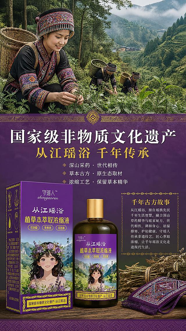 [第4张] 详情页非遗文化传承-从江瑶寨采药实景+千年古方故事。守瑶人从江瑶浴植草本萃取浓缩液。本张使用【图1】产品瓶身+包装盒作为前景元素。
[氛围/风格] 纪实民族风 从江瑶寨原生态采药场景 温暖人文质感 真实可信 紫色主调
[元素布局] 画面上2/3为从江瑶寨瑶族村民深山采药的实景，瑶族传统服饰村民背着竹篓在茂密山林中采摘草药，雾气缭绕的原始森林，远处青山连绵；下1/3前景为瑶浴液产品瓶身和包装盒陈列在木质台面上，旁边摆放干草药束和瑶族刺绣手帕；产品占比约30%。保持产品外观与输入产品图一致，杜绝变形和色差。
[光影质感] 林间自然散射光，柔和温暖，人物面部光线均匀，产品有柔和侧光，整体自然真实，有文化温度感。
[配色色系] 全局底色 #3D5A3D 森林绿渐变过渡到紫色底部；主色深紫#6A2E9E；辅助色金黄#D4AF37；自然绿、土棕色、民族红。沿用全套色板。
[视角构图] 横向实景照片构图，上下分栏，阅读动线顶部场景画面 → 中部标题 → 底部产品+故事文字。
[文字版式] 版式为上部实景大图 + 中部半透明紫色横幅文字区 + 下部产品陈列。主标题「国家级非物质文化遗产」白色大号宋体，副标题「从江瑶浴 千年传承」金色中号字；下方三行短句：「深山采药 · 世代相传」「草本古方 · 原生态取材」「浓缩工艺 · 保留草本精华」；文字为白色宋体，排版疏朗，有瑶族金色纹样装饰边框。
[比例分辨率] 9:16 竖版比例，4K分辨率，文字清晰可辨，高清画质。
[负向提示词] 人物变形，面部扭曲，服饰错误，水印，文字错乱，过度美化失真，现代建筑乱入。