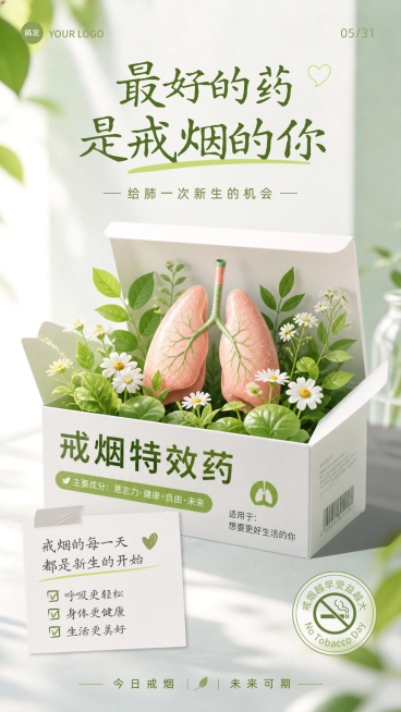 世界无烟日戒烟健康宣传绿色清新手机竖版海报预览效果
