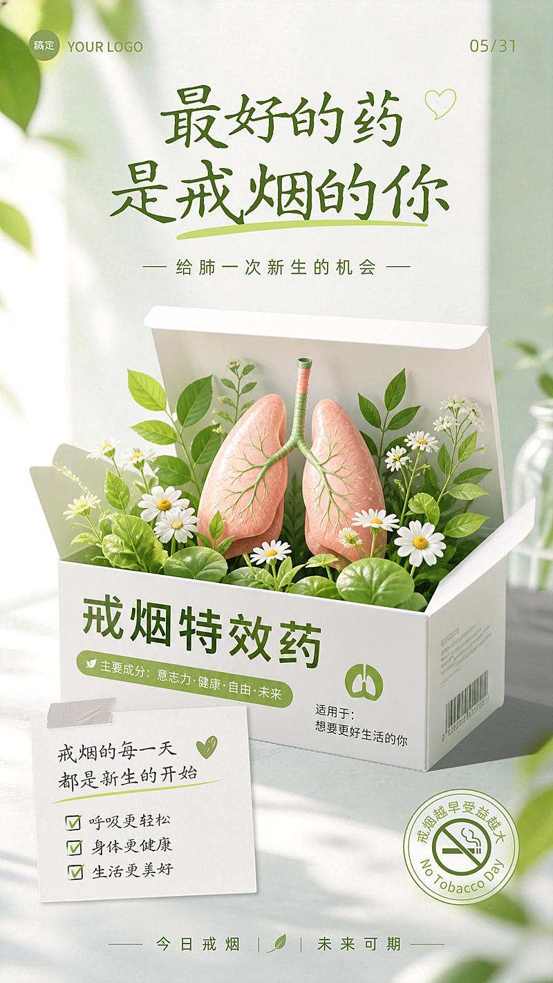 世界无烟日戒烟健康宣传绿色清新手机竖版海报