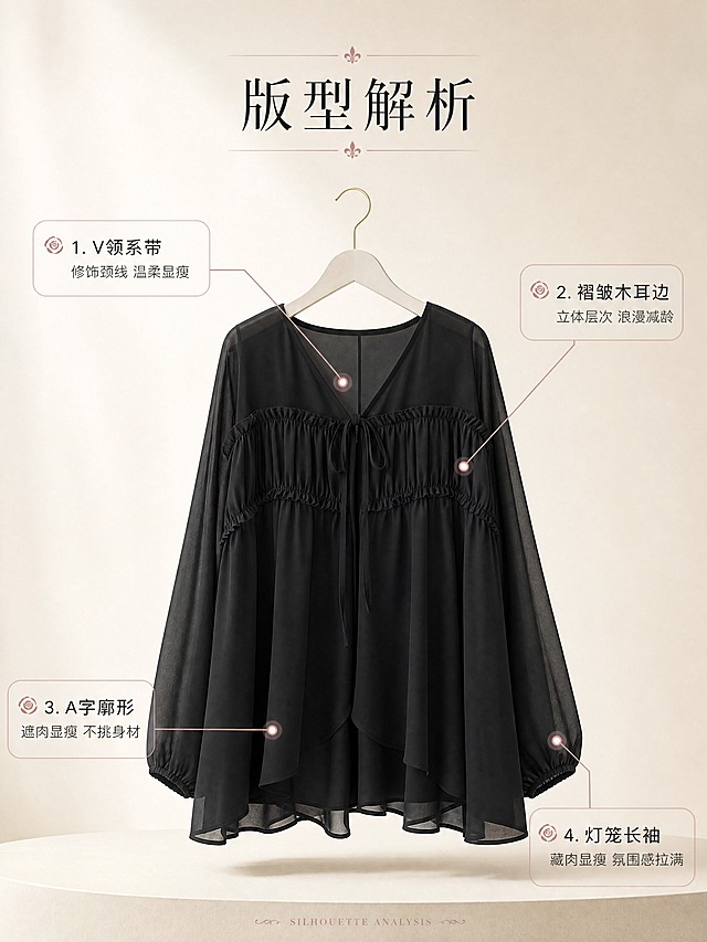 [商品] 使用【图1】黑色V领系带褶皱雪纺衫；商品处理：保留V领、胸前系带、褶皱木耳边、A字宽松版型、灯笼长袖、雪纺材质、黑色颜色和整体结构；自然去除衣身杂乱褶皱，理顺垂坠，增强雪纺面料通透质感和缝线精致度，不改变版型和结构。
[画面] 目标：版型解析页，用引线标注核心结构与穿搭利益。构图：产品居中正面悬挂，四周引出标注线指向关键部位；产品占画面约65%。景别：中景。前中后景：前景浅米色台面，中景雪纺衫正面悬挂，后景奶白色渐变背景。阅读动线：从顶部标题到产品再到四周标注。场景：极简产品展示台。
[视觉] 套系策略：风格=高级极简法式商业摄影；标题字=纤细优雅衬线体；正文字=简洁无衬线体；主色=奶白米杏；背景延展=基于奶白米杏做深浅层级、同色渐变和细腻哑光墙面/纸张质感；强调色=柔雾玫瑰粉，仅用于小面积图标、引线和标签；标题色=炭黑色；正文色=暖灰色；组件=极细线条信息卡、细线引线、手写英文小字装饰；光影=正上方柔暖柔光，均匀柔和。
[文字] 顶部居中主标题「版型解析」。4处引线标注：1. V领系带（修饰颈线 温柔显瘦）2. 褶皱木耳边（立体层次 浪漫减龄）3. A字廓形（遮肉显瘦 不挑身材）4. 灯笼长袖（藏肉显瘦 氛围感拉满）。底部小号英文装饰「SILHOUETTE ANALYSIS」。
[规格] 图片比例3:4竖版，4K分辨率，负向提示：避免真人模特、尺码表、面料成分文字、变形、错字、文字过小、冷蓝背景、衣服颜色改变、版型失真、水印、二维码。