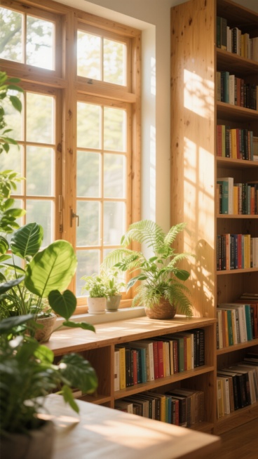 温暖明亮的书房背景，大面积的木质窗户透进柔和的阳光，形成明显的光束和光斑效果，木质书架上整齐排列着各种颜色的书籍，窗台和桌面上摆放着茂盛的绿色植物，叶片上有清晰的光影纹理，整体色调以原木色、绿色和暖黄色为主，光线柔和自然，营造出宁静、舒适、充满书香气息的氛围，细节丰富，具有写实的质感和细腻的光影过渡。预览效果