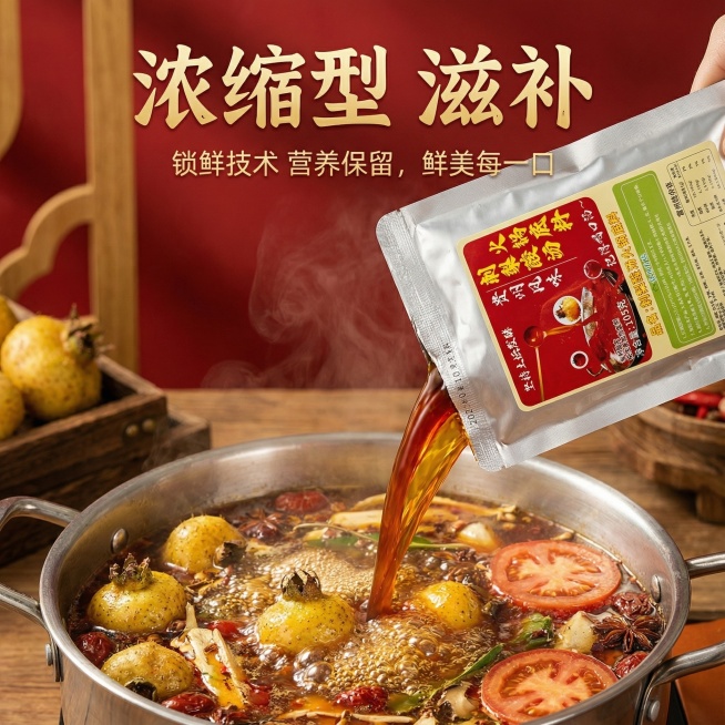 这张图片是产品主体这款产品是美芡·贵州刺梨酸汤火锅底料 我需要设计10张主图在拼多多上面售卖  这一袋的克重主要是105g  产品主图不变 主图场景布局火锅元素   家人围坐，一锅刺梨酸汤咕嘟冒泡，酸预览效果
