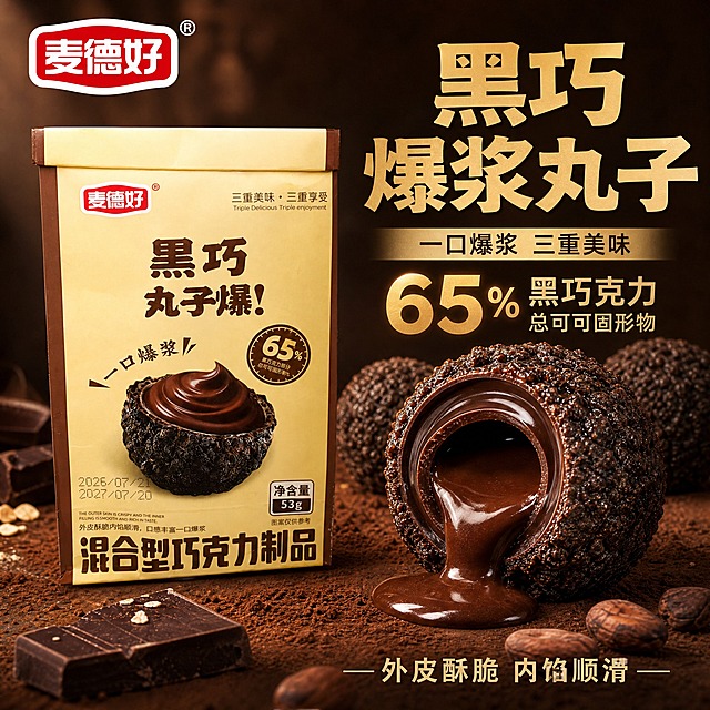 [主图-5] 麦德好黑巧丸子爆浆巧克力主图，突出一口爆浆与65%黑巧含量。
[统一基调] 国内电商食品主图风格，深棕米色背景，高级浓郁，食欲感强，字体厚重醒目，主色棕黄黑。
[画面] 米黄色包装袋居中偏左，占画面50%，包装上的黑巧丸子图案清晰。右侧展示切开的黑巧丸子特写，外层是酥脆的黑巧燕麦外皮，中间黑巧克力层，内馅是丝滑流动的巧克力爆浆，爆浆缓缓流出的动态瞬间，巧克力光泽浓郁诱人。旁边散落几颗完整的黑巧丸子，点缀可可豆、黑巧克力块。背景是深棕色渐变，带有细腻的可可粉纹理，营造高级巧克力氛围。左上角放置麦德好品牌Logo。
[光影质感] 柔和侧光，巧克力爆浆呈现丝滑流动质感，外皮酥脆有层次，整体浓郁高级。
[配色] 主背景深棕米色渐变，标题字金黄色，辅助字深棕色，强调色米白色，整体高级浓郁。
[文字版式] 左上角品牌Logo，右侧上方主标题大字"黑巧爆浆丸子"，下方小字"一口爆浆 三重美味"，再下方"65%黑巧克力 总可可固形物"，底部"外皮酥脆 内馅顺滑"。文字厚重醒目，不遮挡产品主体。
[输出要求] 1:1正方形，2K高清，产品清晰不变形，文字清晰可读，色彩浓郁有食欲。禁止出现正品保证、破碎包赔等字样，禁止水印、平台Logo、错字、模糊、杂乱背景。