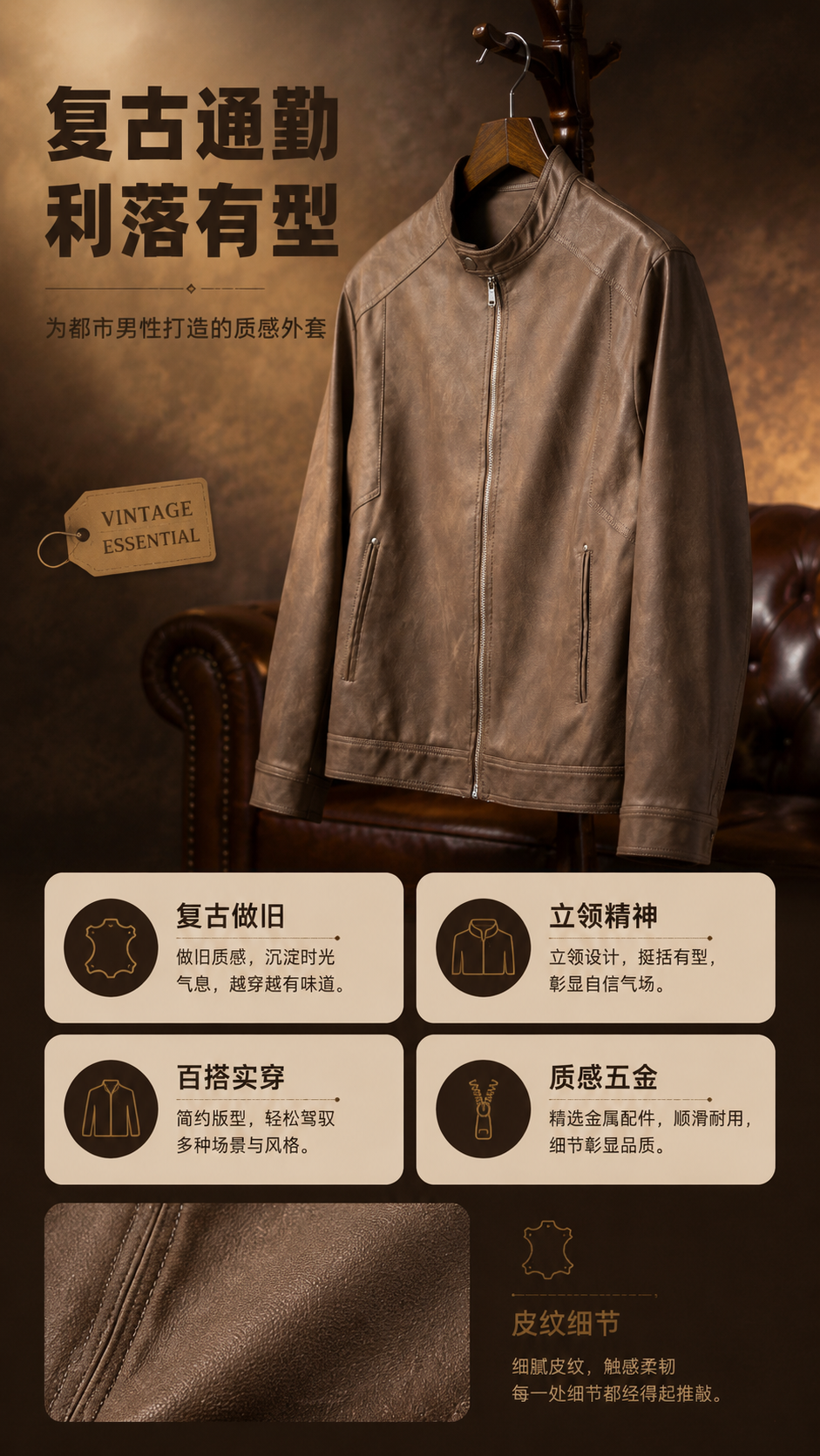 [商品] 使用【图1】咖色立领仿皮皮衣夹克；商品处理：保留立领… - 图片创意预览