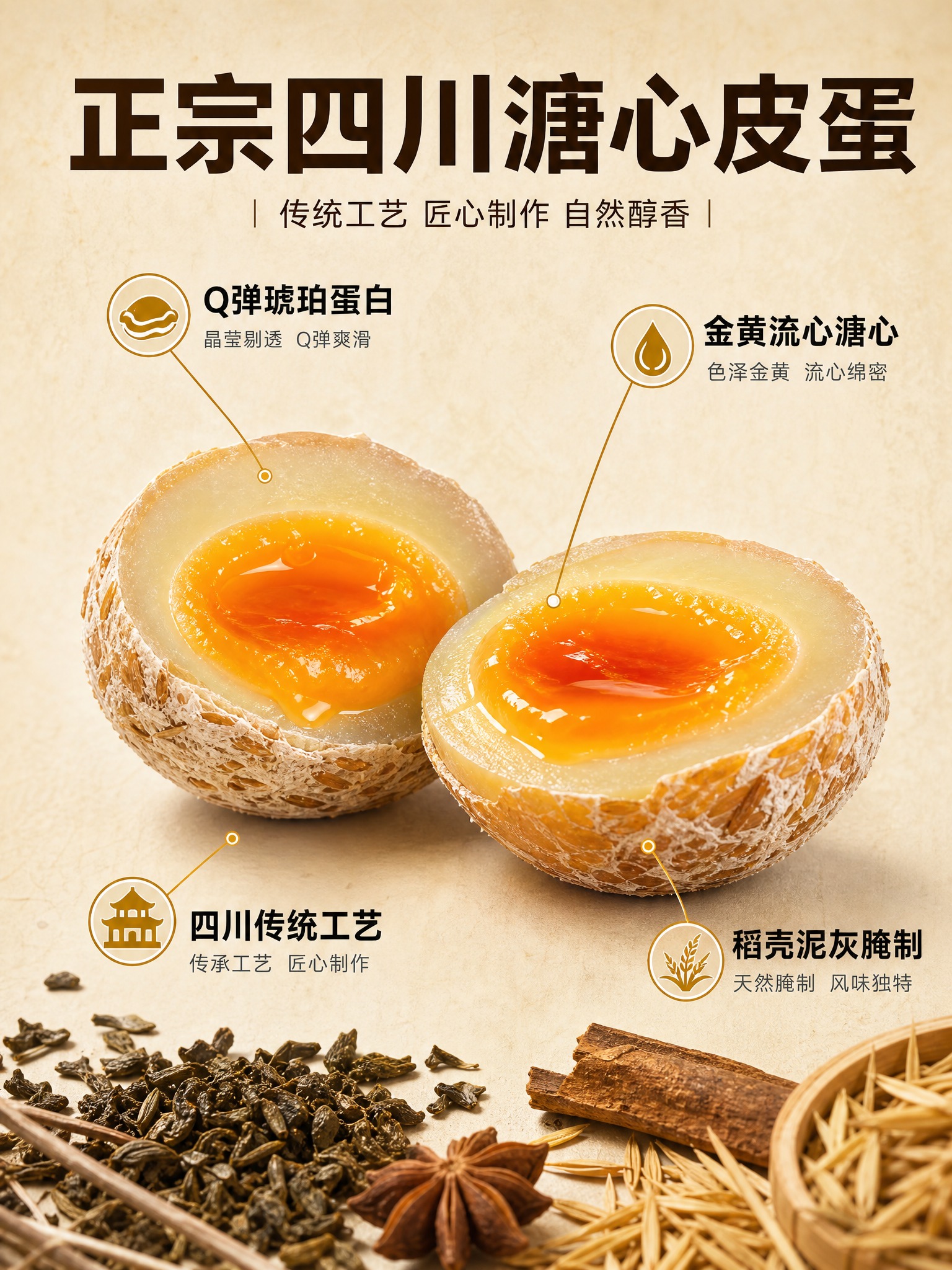 [主图-2] 四川溏心黄心皮蛋核心卖点与工艺溯源，亮点引线说明… - 图片创意预览