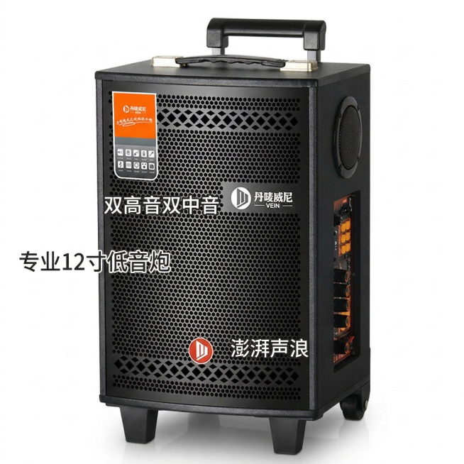 白底精修图，清晰展示丹唛威尼广场舞音响产品全貌，使用用户提供的产品图，文案为"专业12寸低音炮" "双高音双中音" "澎湃声浪"，文案悬浮在图片上，简洁清晰，突出产品外观，电商主图风格预览效果