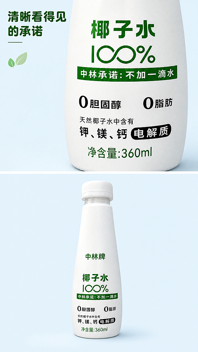 使用商品详情页技能根据商品图「图片1」生成详情页，参考图为「图片1」，商品名称为“中林牌”的100%纯椰子水饮品，卖点为纯度承诺（最大差异化）：  瓶身醒目的“不加一滴水”标语直接打消消费者对“复原椰子水”的顾虑，强调是NFC（非浓缩还原）级别的纯正。  “100%”标识强化了产品的纯粹性。  健康属性（功能性）：  0脂肪、0胆固醇：精准切中减脂、健身及追求健康饮食人群的需求。  富含电解质：明确标注含有“钾、镁、钙”，将产品定位为天然的运动补水或日常营养补充饮品，比普通纯净水更具功能性。  品牌背书：  “中林”二字通常关联林业、自然生态，自带“原生态”、“国字号”的信任感。，适配平台为淘宝/天猫，图片比例为9:16，需求屏数为8张，