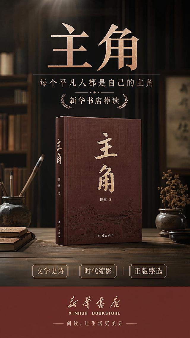 文艺写实商业海报，主题为《主角》图书宣传，主标题"主角"，副标题"每个平凡人都是自己的主角"，装饰文案"新华书店荐读"，背景为简约沉稳的深色木质书房场景，柔和顶部自然光，画面中心放置一本精装《主角》图书，浅景深虚化背景，卖点标签："文学史诗" "时代缩影" "正版臻选"，构图居中对称，分区清晰，留白舒适，排版精美，色彩沉稳协调，暖棕低饱和色调，视觉层次清晰，整体风格沉稳高级，贴合文学书籍调性，符合新华书店品牌气质，超高清画质，画面质感精良
