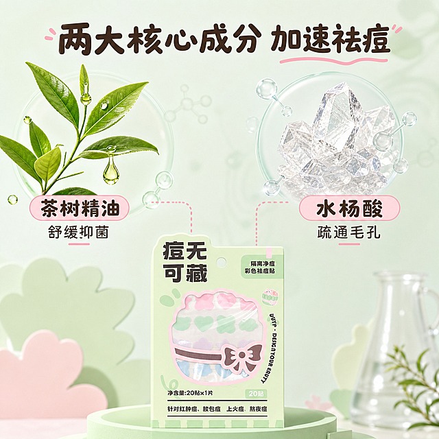[主图-2] 核心成分解析，展示水杨酸和茶树精油两大核心成分，强调祛痘原理。
[统一基调] 清新马卡龙色系，主色薄荷绿+樱花粉，辅助色淡紫淡蓝，字体为圆润可爱非衬线体，标题字深棕色，辅助字灰棕色，整体风格甜美治愈又专业。
[画面] 产品包装放在画面底部占30%，上方左右两侧分别展示成分原料：左侧是一枝新鲜茶树叶片带几滴精油水滴，右侧是水杨酸结晶微观结构示意图（透明晶体状），中间用细线连接到产品包装，标注成分名称和功效。背景为淡薄荷绿渐变，有轻微的分子结构线条装饰。
[光影质感] 柔光商业摄影质感，茶树叶片鲜绿有光泽，水滴晶莹剔透，水杨酸晶体有折射光效，整体干净通透。
[配色] 薄荷绿背景，绿色茶树叶片，透明晶体，粉色点缀线条，深棕色文字。
[文字版式] 顶部居中主标题"两大核心成分 加速祛痘"，左侧茶树旁标注"茶树精油 舒缓抑菌"，右侧晶体旁标注"水杨酸 疏通毛孔"，底部产品上方小字"针对红肿痘 脓包痘 上火痘 熬夜痘"。文字居中或对齐排版，层级分明。
[输出要求] 1:1正方形，2048x2048，文字清晰，产品清晰，成分展示真实自然，无水印无平台logo。