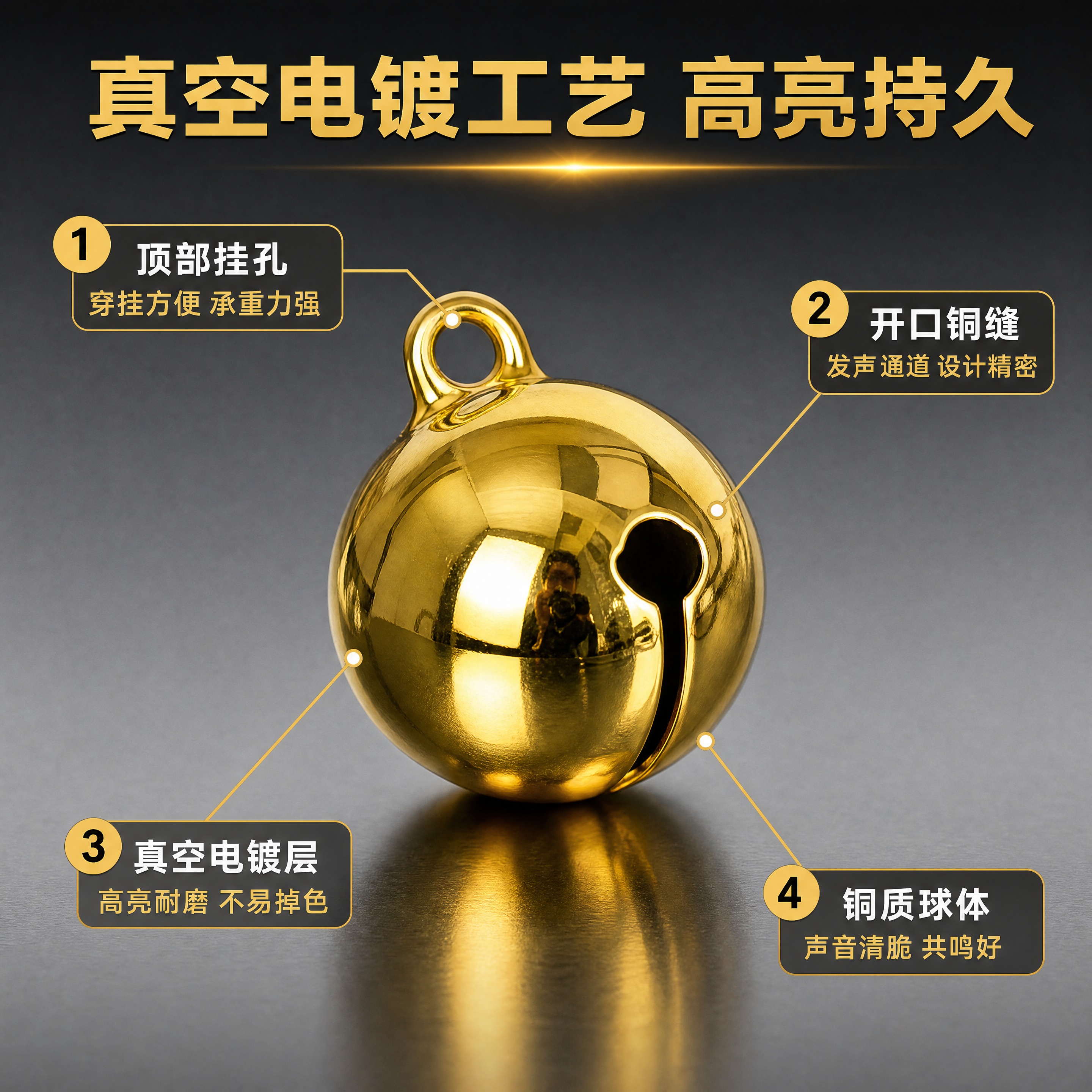 [商品] 使用【图1】金色真空电镀铜铃铛；保留球形结构、顶部挂… - 图片创意预览