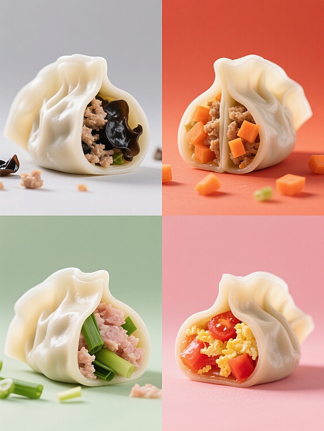 高写实食品摄影风格的四宫格饺子系列海报，纯色背景，每个格子中展示一种馅料的饺子特写，左侧为完整饺子，右侧为对半切开露出内馅的饺子，周围散落少量馅料食材。左上角：木耳馅饺子，背景为浅灰色，内馅可见黑色木耳碎与浅褐色肉末；右上角：胡萝卜馅饺子，背景为橙红色，内馅可见橙色胡萝卜丁与浅褐色肉末；左下角：韭菜馅饺子，背景为浅绿色，内馅可见翠绿色韭菜段与浅粉色肉末；右下角：番茄鸡蛋馅饺子，背景为粉红色，内馅可见红色番茄丁与黄色鸡蛋碎。所有饺子皮均为半透明米白色，具有真实的面粉质感和自然褶皱细节，光线从右上方照射，形成柔和的高光和自然阴影，整体色彩鲜艳明快，突出食材的新鲜度，视觉层次清晰，信息传达高效，符合美食宣传海报的设计感。